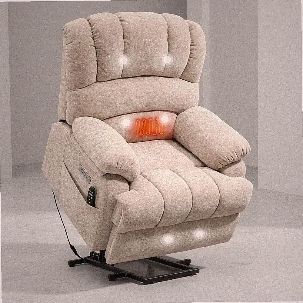 Beige chenille power lift recliner chair 8-point massage lumbar heat 350lb