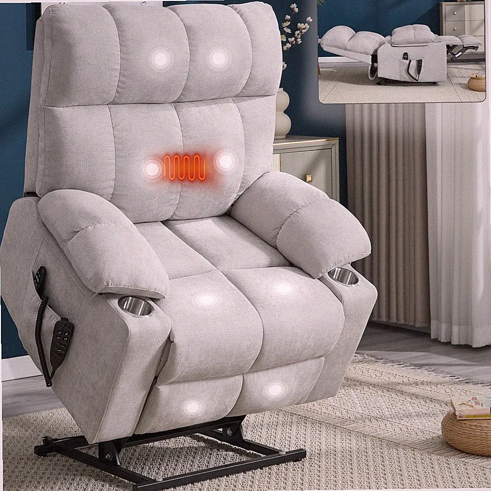 Beige Dual Motor Power Lift Recliner (350 LBS) - Chenille, 8-Point Massage