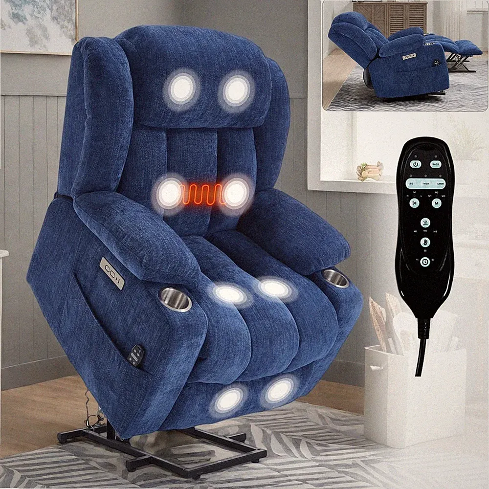 Chenille Blue Power Lift Massage Recliner - 350 LBS, 8-Point Vibration, Heating