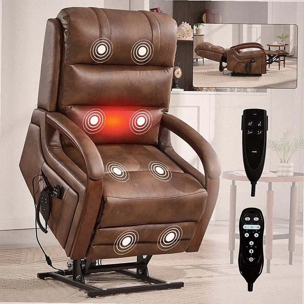 Brown Power Leatheraire Lift Recliner - Dual Motor, 350 LBS, Heat Massage