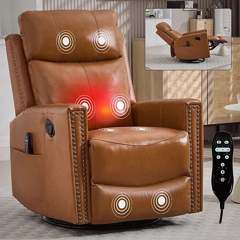 Genuine Leather Heat Massage Manual Recliner Chair with Rocker and Swivel
