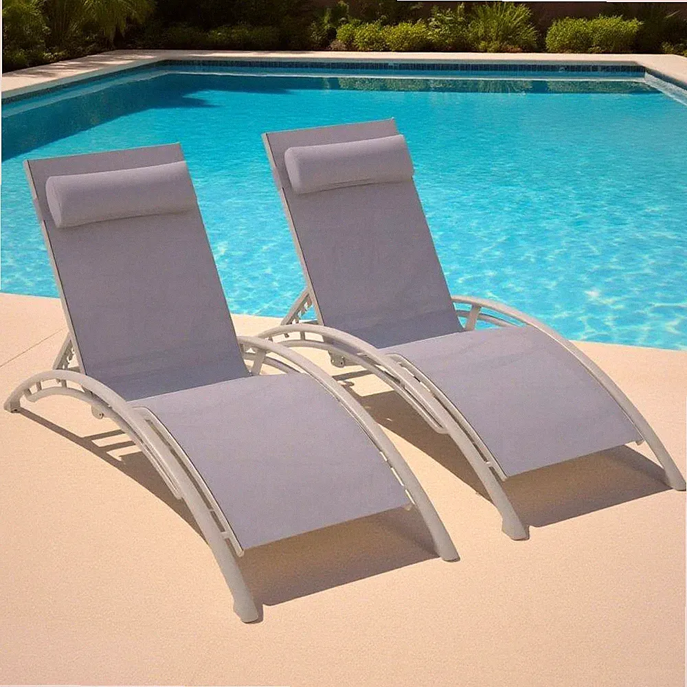 Gray 2-Piece Metal Outdoor Chaise Lounge, Patio Recliner Chairs with Adjustable