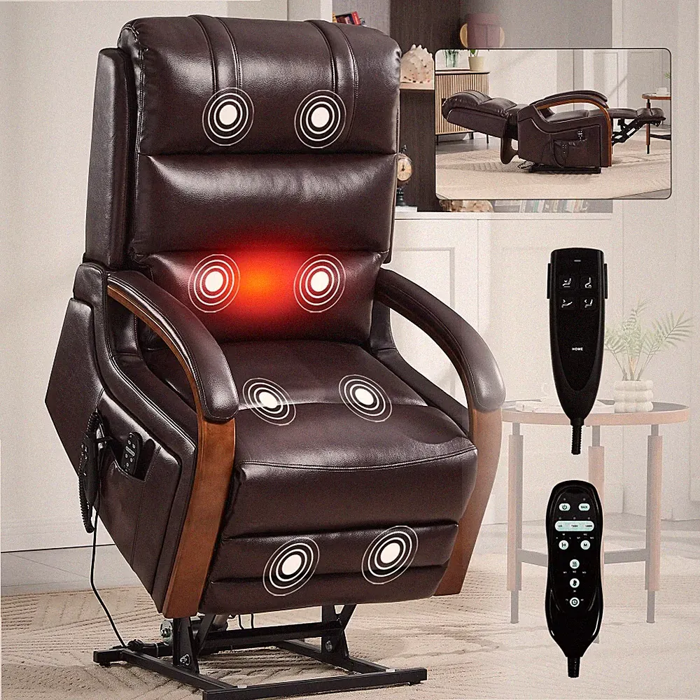 Brown Power Leatheraire Lift Recliner - Dual Motor, 350 LBS, Solid,Heat Massage
