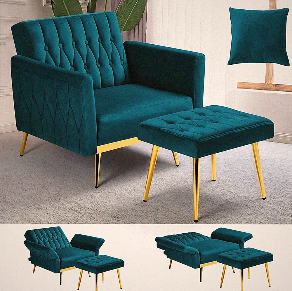Teal Velvet Accent Chair with Adjustable Armrests and Ottoman for Living Room